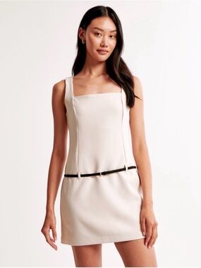 Abercrombie & Fitch Cream Sleeveless Square-Neck Mini Dress with Black Belt